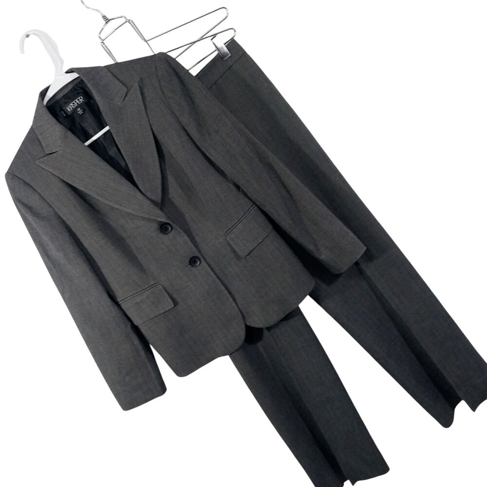 KASPER! GRAY MICRO HERRINGBONE W/FINE RED STRIPE 2PC PANTS, JACKET SUIT! SZ 6P